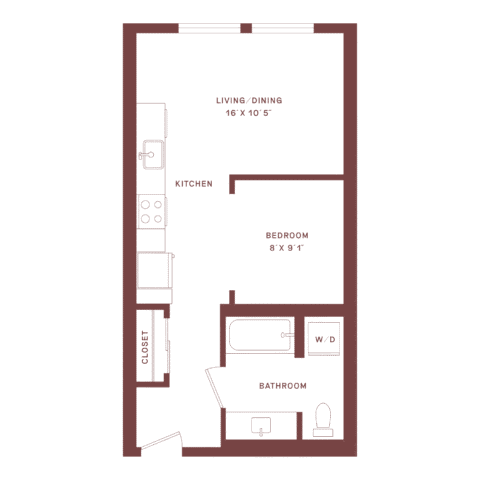 Simple floor plan of a studio apartment with a kitchen, living/dining area, bedroom, closet, bathroom with a tub, sink, toilet, and a washer/dryer. Dimensions included for main rooms.