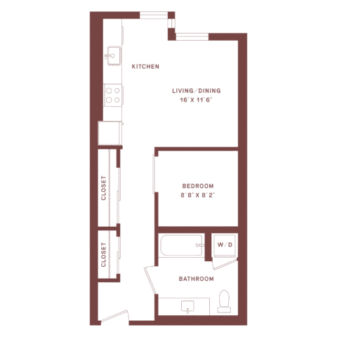 Floor plan of a one-bedroom apartment with a kitchen, living/dining area, two closets, a bedroom, bathroom, and washer/dryer. Main entry opens to a hallway leading to living and bedroom areas.