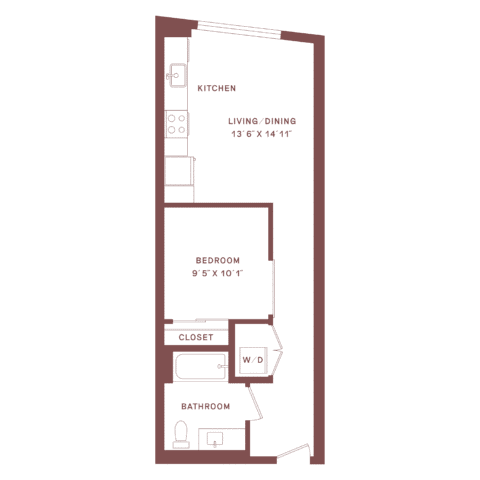 A floor plan of a small apartment with a kitchen, living/dining area, bedroom, closet, bathroom, and washer/dryer. Each room is labeled with dimensions. The layout is rectangular, and all rooms are in a line.