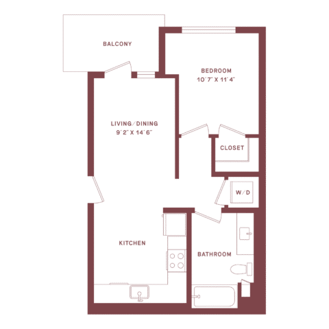 1-bedroom apartment floor plan with kitchen, living/dining area, bathroom, closet, washer/dryer, and balcony. The bedroom is next to the closet and bath. The kitchen is open to the living/dining room.