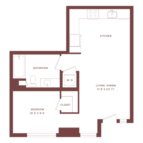 1-bedroom apartment floor plan with labeled areas: kitchen, bathroom, bedroom, closet, living/dining, washer/dryer. Entry leads to living/dining, kitchen is adjacent, bedroom and bathroom are in separate corners.