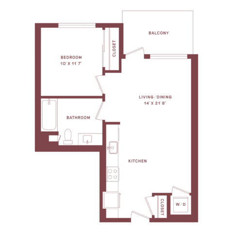 Floor plan of a one-bedroom apartment showing a bedroom, bathroom, kitchen, living/dining area, balcony, two closets, and washer/dryer.