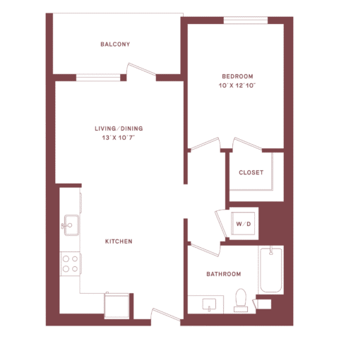 One-bedroom apartment floor plan with kitchen, living/dining area, bedroom, closet, bathroom, washer/dryer, and a balcony. Rooms are labeled with dimensions.
