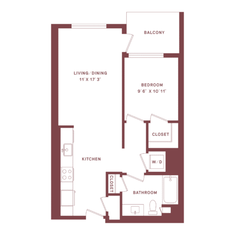 One-bedroom apartment floor plan with kitchen, living/dining area, bathroom, closet, washer/dryer, and balcony. Bedroom has closet and is next to bathroom. Kitchen near entry.