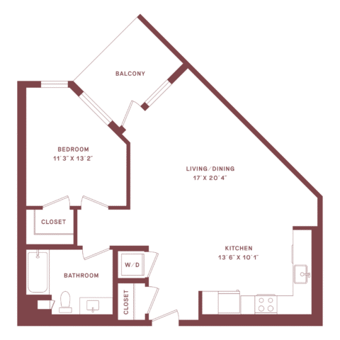 Floor plan of a one-bedroom apartment with a balcony, living/dining area, kitchen, bathroom, closets, and washer/dryer. The living/dining area is the largest room, adjacent to the balcony and kitchen.