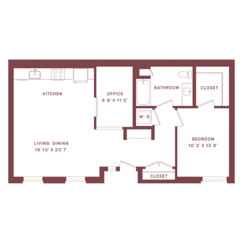Floor plan showing kitchen, living/dining area, office, bathroom, bedroom, two closets, and a washer/dryer. Kitchen is adjacent to living/dining; office and bedroom are separated by bathroom and closets.