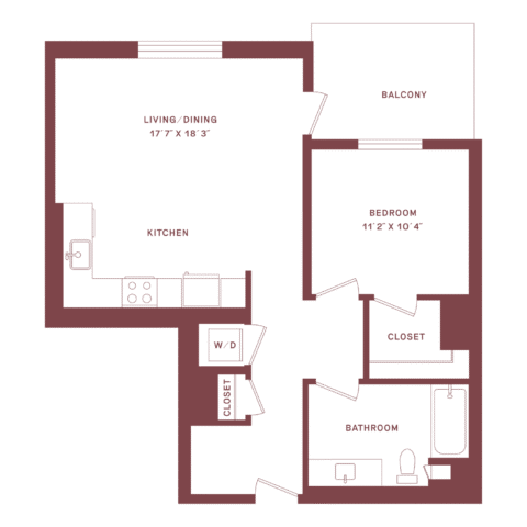 One-bedroom apartment floor plan with kitchen, living/dining area, balcony, bedroom with closet, bathroom, and washer/dryer closet.