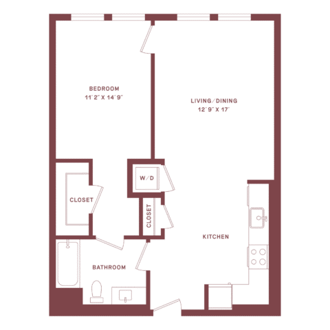 One-bedroom apartment floor plan with kitchen, living/dining area, bathroom, two closets, washer/dryer, and bedroom; all rooms labeled, with doors and fixtures shown.