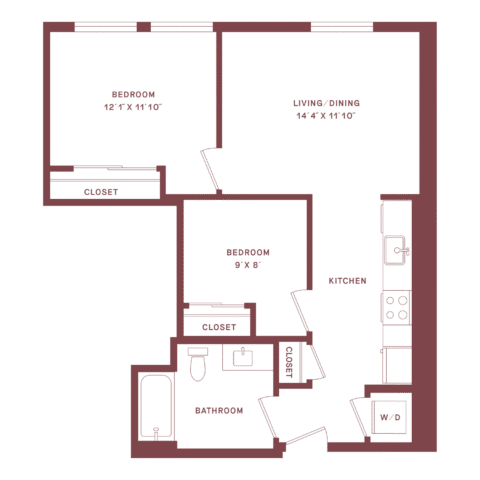 A two-bedroom apartment floor plan with a living/dining area, kitchen, bathroom, three closets, and washer/dryer space.