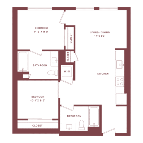 Two-bedroom, two-bath apartment floor plan with kitchen, living/dining area, closets, and washer/dryer. Bedrooms and bathrooms are on opposite sides of the layout.