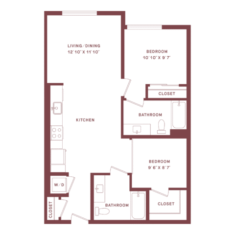2-bedroom, 2-bathroom apartment floor plan with kitchen, living/dining area, washer/dryer, and closets in each bedroom. Bedrooms and bathrooms are on one side; kitchen and living area on the other.