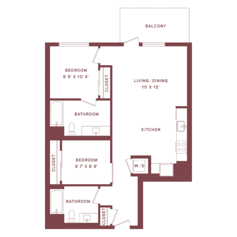 Floor plan of a two-bedroom, two-bathroom apartment with a kitchen, living/dining area, closets, washer/dryer, and a balcony. Bedrooms and bathrooms are on the left; living spaces are on the right.