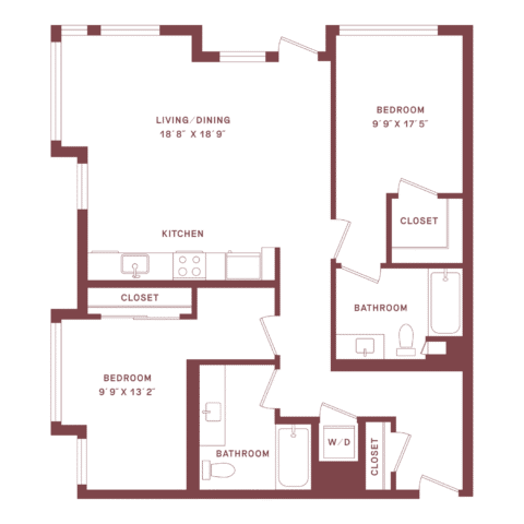 Floor plan of a two-bedroom, two-bathroom apartment featuring a kitchen, living/dining area, three closets, and a washer/dryer space. Bedrooms and bathrooms are on opposite sides for privacy.