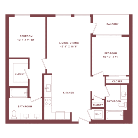 A two-bedroom, two-bath apartment floor plan with labeled rooms, closets, kitchen, living/dining area, balcony, and washer/dryer.
