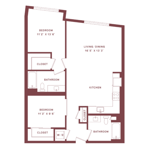 Two-bedroom apartment floor plan with two bathrooms, kitchen, living/dining area, closets, and washer/dryer. Bedrooms and baths are separate; the kitchen is open to living/dining space. Doors and fixtures are labeled.