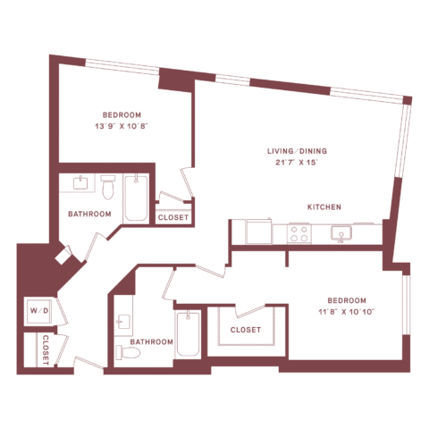 Floor plan of a two-bedroom, two-bathroom apartment with a living/dining area, kitchen, closets, and washer/dryer. Dimensions and room labels are marked on the layout.