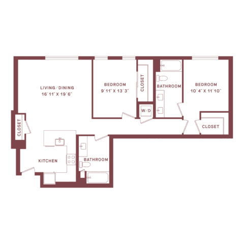 Floor plan of a two-bedroom, two-bath apartment with a kitchen, living/dining area, washer/dryer, and multiple closets. Bedrooms and bathrooms are on the right; kitchen and living/dining are on the left.