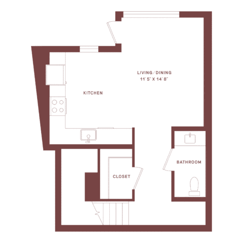 Floor plan of a small apartment with a kitchen, living/dining area, closet, and bathroom. The kitchen includes a stove, sink, and counter. The bathroom has a toilet and sink. Stairs are near the closet.