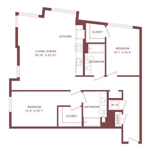 Floor plan of a two-bedroom, two-bathroom apartment with labeled rooms, closets, a kitchen, living/dining area, and washer/dryer. Rooms and doors are clearly marked, showing layout and flow.