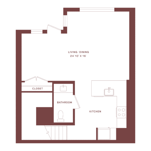 Floor plan showing a large living/dining area, kitchen, bathroom, and closet. The kitchen has a sink and stove. The bathroom has a sink and toilet. Entrances and walls are marked in dark red.