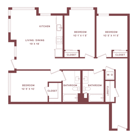 Three-bedroom apartment floor plan with two bathrooms, a kitchen open to living/dining area, washer/dryer closet, and three separate closets in the bedrooms.