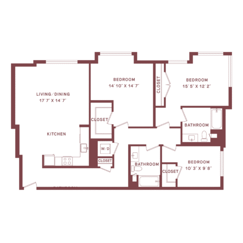 Floor plan of a three-bedroom apartment with two bathrooms, a living/dining area, kitchen, closets, and a washer/dryer space. Bedrooms and bathrooms are on the right, living/dining and kitchen area are on the left.