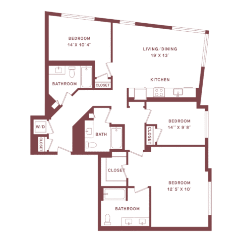 Floor plan of a three-bedroom, three-bathroom apartment with a living/dining area, kitchen, closets, and a washer/dryer area. Bedroom sizes are labeled.