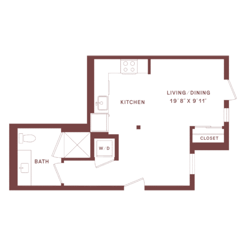 Floor plan of a small apartment with a bath, kitchen, washer/dryer, closet, and a combined living/dining area measuring 19 8 x 9 11. Rooms are outlined in maroon on a white background.