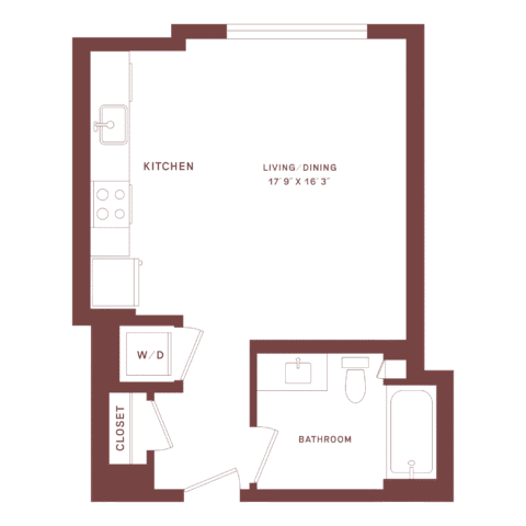 Studio apartment floor plan with kitchen, living/dining area, bathroom with tub, closet, and stacked washer/dryer. Entry door leads to living space; bathroom is in the lower right corner.