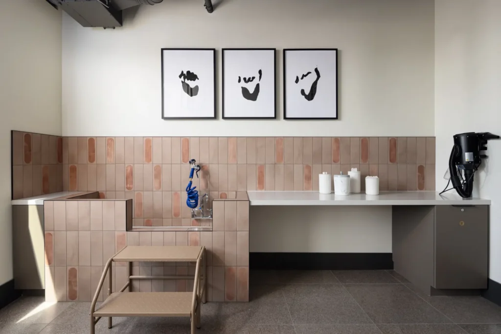 Modern pet washing station with tiled walls, a raised bath area, a handheld sprayer, a step stool, countertop, pet dryer, and three black-and-white framed abstract paw print artworks on the wall above.
